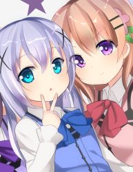 Rule 34 | &gt;:), 3girls, :o, blue eyes, blue neckwear, blush, bow, bowtie, unworn bowtie, breasts, buttons, chestnut mouth, closed mouth, collared shirt, commentary request, flat chest, gochuumon wa usagi desu ka?, hair between eyes, hair ornament, hairclip, hoto cocoa, kafuu chino, light purple hair, long hair, long sleeves, looking at viewer, multiple girls, open mouth, orange hair, out of frame, purple eyes, purple neckwear, purple vest, rabbit house uniform, red neckwear, sakura choko, shirt, sidelocks, small breasts, smile, star (symbol), tedeza rize, upper body, v, v-shaped eyebrows, vest, white background, white shirt, wing collar, x hair ornament