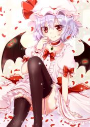 Rule 34 | 1girl, arm support, bad id, bad twitter id, bat wings, black thighhighs, bow, brooch, choker, closed mouth, collarbone, commentary request, dress, fang, feet out of frame, frilled choker, frilled cuffs, frills, garter straps, hair between eyes, hand on own face, haruki (colorful macaron), hat, hat ribbon, jewelry, leg up, mob cap, petals, pink dress, pointy ears, purple hair, red bow, red eyes, red neckwear, red ribbon, remilia scarlet, ribbon, short hair, sitting, smile, solo, sparkle, thighhighs, touhou, wings, wrist cuffs