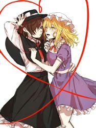 Rule 34 | 2girls, arm around back, arm around waist, black skirt, blonde hair, blush, brown eyes, brown hair, capelet, collared shirt, dress, fedora, frilled dress, frilled shirt collar, frills, hair over one eye, hand on another&#039;s chest, hat, heart, heart of string, highres, kuya (hey36253625), maribel hearn, multiple girls, necktie, puffy short sleeves, puffy sleeves, purple skirt, shirt, short sleeves, skirt, skirt set, string, string of fate, touhou, usami renko, white background, yellow eyes, yuri