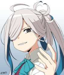 Rule 34 | 1girl, ahoge, aqua bow, aqua bowtie, asashimo (kancolle), bow, bowtie, collared shirt, commentary request, gradient background, grey background, grey eyes, grey hair, hair over one eye, halterneck, kantai collection, long hair, moti coi, one-hour drawing challenge, parted lips, ponytail, sharp teeth, shirt, solo, teeth, upper body, white background, white shirt