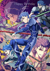 Rule 34 | 5boys, absurdres, blue bodysuit, blue hair, bodysuit, character name, closed mouth, cu chulainn (caster) (fate), cu chulainn (fate), cu chulainn (fate) (all), cu chulainn (fate/prototype), cu chulainn (fate/stay night), cu chulainn alter (fate), dated, earrings, facial tattoo, fate/grand order, fate/prototype, fate (series), gae bolg (fate), glaring, grin, hair strand, happy birthday, highres, holding, holding polearm, holding weapon, hood, jewelry, kassan (kassan 5a), long hair, male focus, messy hair, multiple boys, one eye closed, polearm, ponytail, red eyes, setanta (fate), skin tight, smile, tattoo, twitter username, weapon