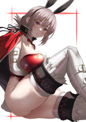 Rule 34 | 1girl, animal ears, boots, braid, braided ponytail, breasts, detached collar, elbow gloves, fake animal ears, fate/grand order, fate (series), florence nightingale (fate), folded ponytail, gloves, hairband, highleg, highleg leotard, highres, jacket, jacket on shoulders, knee up, large breasts, leotard, long hair, long sleeves, looking at viewer, military jacket, pink hair, playboy bunny, rabbit ears, red eyes, red jacket, red leotard, sitting, solo, thigh boots, thighhighs, uo denim, white footwear, white gloves