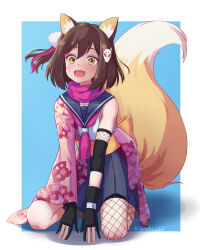 Rule 34 | 1girl, :d, animal ear fluff, animal ears, black gloves, black hair, blue archive, commentary request, eyeshadow, fingerless gloves, fishnet thighhighs, fishnets, fox ears, fox girl, fox hair ornament, fox tail, gloves, hadanugi dousa, hair between eyes, hair ornament, highres, izuna (blue archive), japanese clothes, long sleeves, looking at viewer, makeup, medium hair, ninja, one side up, open kimono, open mouth, pleated skirt, pom pom (clothes), pom pom hair ornament, red eyeshadow, red scarf, scarf, school uniform, seiza, serafuku, shirakawafel, simple background, single thighhigh, sitting, skirt, sleeveless, smile, solo, tail, thighhighs, yellow eyes