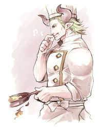 Rule 34 | 1boy, :q, apron, baotorda, bara, blonde hair, chef hat, chef, cooking, draph, fire, food, food on face, from side, frying pan, granblue fantasy, hat, horns, male focus, mature male, muscular, muscular male, norazo, pectorals, pointy ears, short hair, sideburns, sleeves rolled up, solo, tongue, tongue out