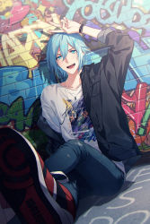 Rule 34 | 1boy, absurdres, aiue o eiua, arm up, black shirt, blue eyes, blue hair, brick wall, chromatic aberration, commentary request, denim, foreshortening, graffiti, highres, idolish7, jeans, jewelry, long sleeves, looking at viewer, male focus, necklace, open clothes, open mouth, open shirt, outdoors, pants, red footwear, shirt, shoes, short hair, smile, sneakers, solo, t-shirt, tag, teeth, tongue, v, watch, white shirt, wristwatch, yotsuba tamaki