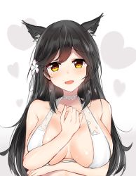 Rule 34 | 1girl, :d, absurdres, animal ears, arm between breasts, atago (azur lane), atago (summer march) (azur lane), azur lane, bare arms, bare shoulders, between breasts, bikini, blush, breasts, brown hair, choker, commentary request, flower, hair flower, hair ornament, halterneck, hand on own chest, heart, heart-shaped pupils, heart background, highres, kurigura (sketch san), large breasts, long hair, looking at viewer, mole, mole under eye, open mouth, shiny skin, smile, solo, swimsuit, symbol-shaped pupils, upper body, white bikini, white neckwear, yellow eyes