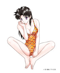 Rule 34 | 1girl, barefoot, black hair, breasts, cleavage, feet, full body, futari ecchi, katsu aki, large breasts, lipstick, long hair, looking at viewer, makeup, medium breasts, one-piece swimsuit, onoda yura, purple eyes, simple background, sitting, solo, swimsuit, toes, white background