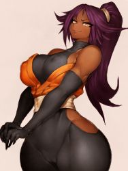 Rule 34 | 1girl, bare shoulders, black bodysuit, black gloves, bleach, bodysuit, breasts, cameltoe, closed mouth, covered erect nipples, cowboy shot, curvy, dark-skinned female, dark skin, elbow gloves, fang, fumio (rsqkr), gloves, highres, hip vent, large breasts, leotard, long hair, looking at viewer, parted bangs, pink background, ponytail, purple hair, shihouin yoruichi, skin tight, smile, smug, solo, wide hips, yellow eyes