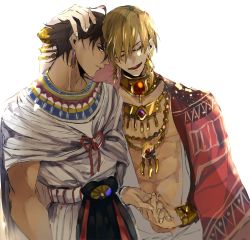Rule 34 | 2boys, blonde hair, blush, brown hair, dark-skinned male, dark skin, earrings, egyptian clothes, fate/grand order, fate/prototype, fate/prototype: fragments of blue and silver, fate (series), gilgamesh (fate), hand on another&#039;s head, jewelry, male focus, multiple boys, necklace, official alternate costume, open clothes, open shirt, ozymandias (fate), pvc parfait, red eyes, shawl, yaoi, yellow eyes