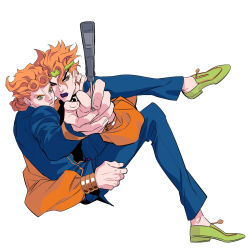 Rule 34 | 2boys, absurdres, blonde hair, bracelet, braid, carrying, dio brando, father and son, full body, giorno giovanna, green eyes, highres, holding, holding knife, holding weapon, huang lia, jacket, jewelry, jojo no kimyou na bouken, knife, long hair, long sleeves, male focus, multiple boys, one eye closed, purple lips, vento aureo, weapon, yellow eyes, yellow jacket