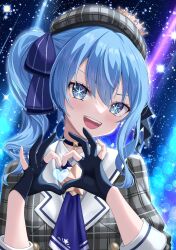 Rule 34 | 1girl, :d, ascot, beret, black choker, black gloves, blue ascot, blue eyes, blue hair, blush, choker, gloves, grey hat, hair between eyes, hat, highres, hololive, hoshimachi suisei, hoshimachi suisei (1st costume), idol, kotone neruneru, long hair, one side up, open mouth, oshi no ko, partially fingerless gloves, plaid, plaid headwear, plaid shirt, shirt, sidelocks, sky, smile, solo, sparkle, star-shaped pupils, star (sky), star (symbol), starry sky, symbol-shaped pupils, teeth, upper body, virtual youtuber
