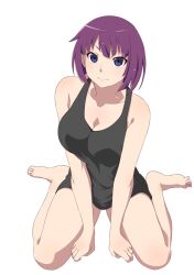 Rule 34 | 1girl, alternate costume, alternate hairstyle, bare legs, bare shoulders, barefoot, black shorts, black tank top, blue eyes, breasts, cleavage, closed mouth, collarbone, full body, guchiknight, highres, large breasts, legs, looking at viewer, medium hair, monogatari (series), on ground, purple hair, senjougahara hitagi, shadow, short shorts, shorts, simple background, sitting, smile, solo, tank top, thighs, toes, wariza, white background