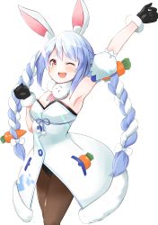 Rule 34 | 1girl, absurdres, animal ear fluff, animal ears, arm up, armpits, black gloves, black pantyhose, blue hair, blush, braid, breasts, carrot hair ornament, closed eyes, commentary request, don-chan (usada pekora), food-themed hair ornament, fur collar, gloves, hair between eyes, hair ornament, highres, hololive, long hair, looking at viewer, medium breasts, multicolored hair, open mouth, orange eyes, pantyhose, rabbit ears, ringopan, simple background, smile, solo, teeth, thick eyebrows, twin braids, two-tone hair, upper teeth only, usada pekora, usada pekora (1st costume), virtual youtuber, white background, white hair