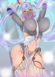 Rule 34 | 1girl, adapted costume, ahoge, aqua hair, armpits, arms up, bare shoulders, blush, bouncing breasts, breasts, breasts apart, covered erect nipples, fire emblem, fire emblem heroes, gradient clothes, green hair, highres, jewelry, large breasts, looking at viewer, multicolored hair, navel, nintendo, open mouth, pants, purple hair, revolverwing, seidr (fire emblem), shiny skin, short hair, skindentation, solo, standing, thick thighs, thigh strap, thighs, unaligned breasts, veil, wide hips