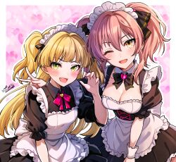 2girls absurdres apron black_bow black_bowtie black_dress blonde_hair blush bow bowtie breasts claw_pose cleavage dress fang frilled_skirt frills green_eyes hair_between_eyes hair_ribbon highres idolmaster idolmaster_cinderella_girls jougasaki_mika jougasaki_rika maid maid_apron maid_headdress medium_breasts multiple_girls one_eye_closed pink_bow pink_bowtie pink_hair popon_ta ribbon siblings sisters skirt smile twintails v yellow_eyes