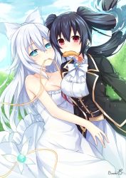 Rule 34 | 2girls, alternate costume, artist name, bare arms, bare shoulders, binato lulu, black hair, black heart (neptunia), black jacket, bow, bowtie, breasts, cleavage, collarbone, commentary request, day, dress, dual persona, food, food in mouth, grass, green eyes, hair between eyes, hair bow, jacket, long hair, long sleeves, looking at viewer, lying, medium breasts, mouth hold, multiple girls, neptune (series), noire (neptunia), on back, outdoors, power symbol, power symbol-shaped pupils, red eyes, ribbon, ribbon in mouth, shirt, shrimp, shrimp tempura, silver hair, strapless, strapless dress, symbol-shaped pupils, tempura, twintails, water, white bow, white dress, white legwear, white neckwear, white shirt