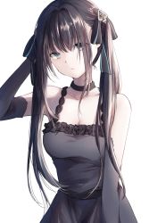 Rule 34 | 1girl, arcaea, bare shoulders, black bow, black choker, bow, breasts, brown hair, choker, cleavage, closed mouth, collarbone, dress, elbow gloves, gloves, grey dress, grey eyes, grey gloves, hair between eyes, hair bow, hand in own hair, highres, long hair, medium breasts, simple background, sleeveless, sleeveless dress, solo, standing, tairitsu (arcaea), twintails, very long hair, white background, yukkering (yukke)