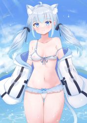 Rule 34 | 1girl, absurdres, ahoge, amatsuka uto, animal ear fluff, bandages, bare shoulders, bikini, blue eyes, blue hair, blush, breasts, cat girl, cat tail, cleavage, closed mouth, cloud, collarbone, covered clitoris, covered erect nipples, day, frilled bikini, frills, front-tie bikini top, front-tie top, hair ornament, hair ribbon, halterneck, highres, icetea (8862), indie virtual youtuber, indoors, jacket, long hair, looking at viewer, low twintails, medium breasts, navel, nipple slip, nipples, ocean, off shoulder, rainbow, ribbon, see-through, sky, smile, solo, standing, swimsuit, tail, thighs, twintails, virtual youtuber, water, wet, white bikini, white jacket