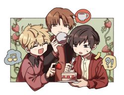 Rule 34 | !, &lt;o&gt; &lt;o&gt;, 3boys, ?, ^ ^, black hair, black jacket, blonde hair, blush, brown eyes, brown hair, cake, cake slice, casual, closed eyes, collared shirt, cup, drink, food, fork, fruit, happy, holding, holding cup, holding fork, holding plate, inukai sumiharu, jacket, leaning forward, long sleeves, male focus, multiple boys, musical note, nana 0253, ninomiya masataka, open mouth, outside border, pink shirt, plant, plate, red jacket, red shirt, shirt, short hair, spoken exclamation mark, spoken musical note, spoken object, spoken question mark, strawberry, strawberry shortcake, thought bubble, tsuji shinnosuke, upper body, vines, world trigger