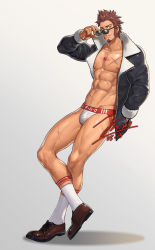 Rule 34 | 1boy, abs, alternate costume, bara, beard, blue eyes, brown hair, bulge, character name, facial hair, fate/grand order, fate (series), full body, glasses, jacket, jewelry, jin(sirius-j), jockstrap, long sideburns, male focus, male underwear, muscular, napoleon bonaparte (fate), necklace, no pants, open clothes, open shirt, pectorals, scar, short hair, sideburns, simple background, smile, socks, solo, standing, sunglasses, thighs, underwear