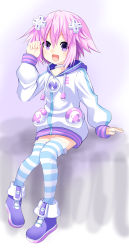 Rule 34 | 10s, 1girl, absurdres, blush, choker, d-pad, female focus, hair ornament, highres, hood, hooded track jacket, jacket, looking at viewer, neptune (neptunia), neptune (series), open mouth, purple hair, short hair, sitting, smile, solo, striped clothes, striped legwear, striped thighhighs, thighhighs, track jacket