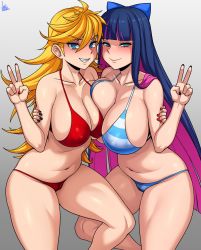 Rule 34 | 2girls, absurdres, ahoge, alternate breast size, arm around shoulder, asymmetrical docking, bare shoulders, bikini, black nails, blonde hair, blue hair, bow, breast press, breasts, cleft of venus, colored inner hair, commentary, covered erect nipples, english commentary, grey background, hair bow, highres, huge breasts, jmg, large breasts, long hair, multicolored hair, multiple girls, nail polish, naughty face, navel, panty &amp; stocking with garterbelt, panty (psg), pink hair, red bikini, red nails, siblings, sisters, smirk, stocking (psg), striped bikini, striped clothes, swimsuit