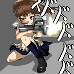 Rule 34 | 1girl, apron, bad id, bad pixiv id, brown eyes, brown hair, bullpup, cameltoe, casing ejection, firing, gun, gunslinger girl, holding, holding gun, holding weapon, horizontal magazine, long hair, mikage yayoi, muzzle flash, p90, panties, parody, personal defense weapon, ponytail, shell casing, skirt, solo, striped clothes, striped panties, style parody, submachine gun, taneshima popura, torn clothes, underwear, waitress, weapon, working!!