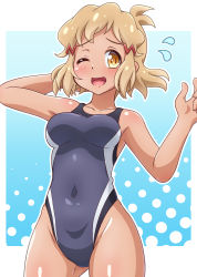 Rule 34 | 1girl, blue eyes, blue one-piece swimsuit, breasts, brown eyes, brown hair, commentary request, competition swimsuit, covered navel, cowboy shot, flying sweatdrops, grey one-piece swimsuit, highleg, highleg swimsuit, highres, looking at viewer, medium breasts, one-piece swimsuit, open mouth, senki zesshou symphogear, short hair, solo, swimsuit, tachibana hibiki (symphogear), tan, yosuzu