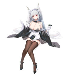 1girl absurdres apron azur_lane bare_shoulders black_bow black_bowtie black_dress black_footwear black_thighhighs blush bow bowtie breasts collar commentary dated detached_collar detached_sleeves dragon_girl dragon_horns dress frilled_sleeves frills gloves hair_on_horn hands_up high_heels highres holding horns kafeifeifeifeifeifei_jiemo_jun large_breasts long_hair maid_headdress official_alternate_costume red_eyes shimanto_(azur_lane) shimanto_(the_comfy_dragon_god)_(azur_lane) signature simple_background sitting skindentation smile solo teapot thighhighs very_long_hair white_apron white_background white_collar white_gloves white_hair wide_sleeves