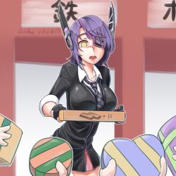 Rule 34 | 10s, blush, candy, checkered clothes, checkered necktie, checkered neckwear, chocolate, chocolate heart, eyepatch, food, gift, gloves, headgear, heart, kantai collection, necktie, partially fingerless gloves, purple hair, rinwest, school uniform, short hair, solo focus, tenryuu (kancolle), yellow eyes