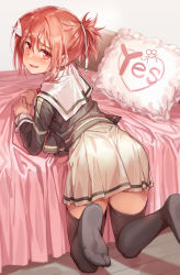 Rule 34 | 1girl, absurdres, ass, bed, beige skirt, bent over, black thighhighs, blush, commentary request, from behind, hair between eyes, hair ornament, hairclip, highres, implied yuri, kneeling, long sleeves, looking at viewer, looking back, michairu, no shoes, pillow, red eyes, red hair, school uniform, short hair, short ponytail, skirt, solo, thighhighs, uneven eyes, venus symbol, yes, yes-no pillow, yuuki yuuna, yuuki yuuna wa yuusha de aru, yuusha de aru, zettai ryouiki