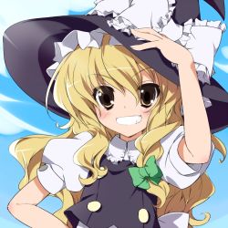 Rule 34 | 1girl, blonde hair, blue sky, buttons, cloud, colorized, day, female focus, gotou nao, grin, hair ribbon, hand on own hip, hat, hat ribbon, kareha aki, kirisame marisa, ribbon, sky, smile, solo, touhou, upper body, witch, witch hat, yellow eyes