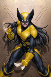 Rule 34 | 1girl, black bodysuit, black hair, black mask, bodysuit, claws, clenched hands, gloves, highres, laura kinney, long hair, looking at viewer, marvel, mask, solo, standing, stone wall, two-tone bodysuit, two-tone mask, wolverine (x-men), x-23, x-men, yellow bodysuit, yellow gloves, yellow mask, yoon junggeun