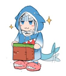 Rule 34 | 1girl, :3, animal hood, blue eyes, blue hair, blush, chibi, commentary, dirt, english commentary, fins, fish tail, gawr gura, gawr gura (1st costume), holding, hololive, hololive english, hood, minecraft, multicolored hair, shark hood, shark tail, sketch, slippers, sparkle, streaked hair, tail, tail wagging, vincent wu, virtual youtuber, white background