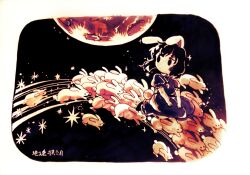 Rule 34 | 1girl, animal ears, black eyes, black hair, blue dress, carrot necklace, chinese commentary, commentary request, dress, inaba tewi, jewelry, long dress, moon, necklace, night, night sky, no mouth, no nose, puffy short sleeves, puffy sleeves, rabbit, rabbit ears, rabbit tail, ribbon-trimmed dress, ribbon-trimmed sleeves, ribbon trim, short hair, short sleeves, sitting, sky, star (sky), tail, touhou, yaoriye