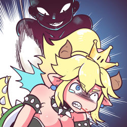 Rule 34 | 1girl, 1koma, 1other, absurdres, armlet, black dress, blonde hair, blood, blood from mouth, blue eyes, bowsette, bracelet, brooch, collar, comic, commentary, dress, earrings, emphasis lines, gimme2000, hair between eyes, highres, horns, jewelry, long hair, mario (series), meitantei conan, new super mario bros. u deluxe, nintendo, parody, pointy ears, ponytail, spiked armlet, spiked bracelet, spiked collar, spiked shell, spiked tail, spikes, super crown, tail, tearing up, the culprit (meitantei conan), thick eyebrows