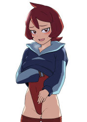 Rule 34 | 1girl, arezu (pokemon), blue sweater, clothes lift, clothes pull, commentary request, cowboy shot, cowlick, creatures (company), diamond clan outfit, game freak, gluteal fold, hai (h81908190), hood, hooded sweater, hoodie, leotard, leotard under clothes, long sleeves, looking at viewer, nintendo, open mouth, pantyhose, pokemon, pokemon legends: arceus, red eyes, red hair, red leotard, short hair, simple background, smile, solo, sweater, sweater lift, white background