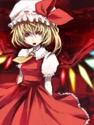 Rule 34 | 1girl, adapted costume, blonde hair, blouse, bow, collared shirt, dress, embodiment of scarlet devil, female focus, flandre scarlet, hair between eyes, hat, mob cap, red background, red eyes, red theme, ribbon, shiroesa, shirt, side ponytail, solo, touhou, white hat, white shirt, wings