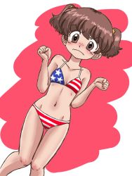 Rule 34 | 1girl, alisa (girls und panzer), american flag bikini, bikini, blush, breasts, brown eyes, brown hair, clenched hands, closed mouth, commentary, commentary request, dutch angle, english commentary, flag print, freckles, frown, girls und panzer, gluteal fold, hair ornament, looking at viewer, navel, one-hour drawing challenge, short hair, short twintails, small breasts, solo, standing, star (symbol), star hair ornament, swimsuit, takahashi kurage, thigh gap, twintails, v-shaped eyebrows, w arms