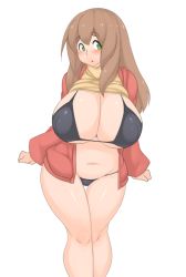 Rule 34 | 1girl, :o, bad id, bad pixiv id, bikini, black bikini, blush, breasts, brown hair, cleavage, clothes lift, covered erect nipples, eyebrows, green eyes, huge breasts, jacket, kaz (shade), leaning forward, long hair, navel, open clothes, open jacket, open mouth, original, plump, simple background, solo, standing, sweater, sweater lift, swimsuit, thick eyebrows, thick thighs, thigh gap, thighs, turtleneck, white background, wide hips