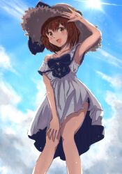Rule 34 | 1girl, blue sky, bra, bra peek, brown eyes, brown hair, cloud, commentary request, day, dress, feet out of frame, hand on own knee, hat, highres, kantai collection, ld (luna dial398), off shoulder, official alternate costume, outdoors, panties, panty peek, short hair, sky, smile, solo, straw hat, sun hat, sundress, underwear, white bra, white dress, white panties, yukikaze (kancolle)