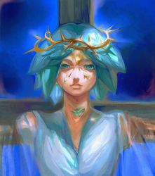 Rule 34 | 1other, androgynous, aqua eyes, aqua hair, blue background, cracked skin, cross, crown of thorns, crucifixion, crystal hair, danxuanlaoxianyu, dirty, dirty face, expressionless, highres, houseki no kuni, jesus, lips, molten metal, other focus, outstretched arms, parted lips, phosphophyllite, phosphophyllite (gemstone), portrait, see-through, see-through sleeves, solo, sparkle, spread arms