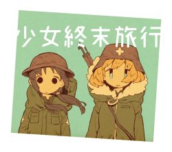 Rule 34 | 2girls, :d, :|, aqua background, arms at sides, black eyes, black hair, blonde hair, blue eyes, border, breast pocket, brodie helmet, chito (shoujo shuumatsu ryokou), closed mouth, coat, combat helmet, copyright name, expressionless, floating hair, fur-trimmed coat, fur-trimmed hood, fur trim, green coat, gun, gun on back, gun sling, hair over shoulder, hatching (texture), height difference, helmet, high collar, highres, hood, hood down, hooded coat, katupuraamen, linear hatching, long hair, looking at viewer, low twintails, multiple girls, muted color, no nose, open mouth, pocket, rifle, short hair, shoujo shuumatsu ryokou, smile, stahlhelm, standing, straight-on, swept bangs, tareme, twintails, upper body, weapon, weapon on back, white border, wind, yuuri (shoujo shuumatsu ryokou), zipper, zipper pull tab