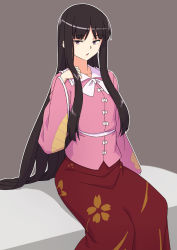 Rule 34 | 1girl, black eyes, black hair, bow, grey background, highres, houraisan kaguya, kakone, long hair, long sleeves, looking at viewer, multiple bows, one-hour drawing challenge, open mouth, pink shirt, red skirt, shirt, simple background, sitting, skirt, solo, touhou, white bow, wide sleeves