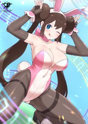 Rule 34 | 1girl, absurdres, animal ears, bare shoulders, black leotard, blue eyes, breasts, brown hair, cleavage, creatures (company), detached collar, double bun, fake animal ears, fake tail, game freak, hair bun, high heels, highres, kaos art, large breasts, leotard, long hair, nintendo, one eye closed, pantyhose, playboy bunny, pokemon, pokemon bw2, rabbit ears, rabbit tail, rosa (pokemon), smile, solo, strapless, strapless leotard, tail, tongue, tongue out, twintails, very long hair, wrist cuffs