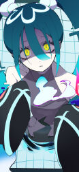 Rule 34 | 1girl, absurdres, aqua hair, commentary, creatures (company), detached sleeves, empty eyes, eyelashes, game freak, ghost miku (project voltage), glitch, gradient hair, grey shirt, hair between eyes, hatsune miku, highres, looking at viewer, multicolored hair, nekoma hikaru, nintendo, parted lips, pokemon, portal (object), project voltage, shirt, sleeveless, sleeveless shirt, sleeves past fingers, sleeves past wrists, solo, upper body, vocaloid, yellow eyes