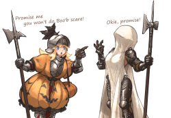 Rule 34 | 2girls, armor, armor under clothes, bed sheet, blonde hair, cuisses, ebenholz (ironlily), english text, gauntlets, ghost costume, perlweiss (ironlily), halloween costume, helmet, highres, holding, holding polearm, holding weapon, ironlily, jack-o&#039;-lantern, leg armor, multiple girls, naked armor, original, polearm, pumpkin, pumpkin costume, rerebrace, simple background, ebenholz (ironlily), visor lift, war hammer, weapon