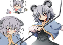 Rule 34 | 1girl, animal ears, barefoot, basket, brown eyes, chibi, collage, commentary request, ears down, eating, food, grey hair, hidefu kitayan, highres, holding, holding food, looking at viewer, mouse (animal), mouse ears, mouse girl, mouse tail, nazrin, short hair, simple background, sitting, smile, solo, tail, touhou, upper body, white background, wide oval eyes