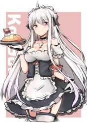 Rule 34 | 1girl, ahoge, alternate costume, apron, armlet, bare shoulders, black neckwear, black skirt, blush, breasts, character name, cleavage, cowboy shot, cross, enmaided, frilled apron, frills, girls&#039; frontline, hakuya (white night), holding, kar98k (girls&#039; frontline), long hair, looking at viewer, maid, medium breasts, pink background, plate, skirt, skirt hold, smile, solo, thigh strap, thighhighs, white apron, white hair, white thighhighs