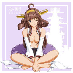 Rule 34 | 10s, 1girl, ahoge, arm support, bare legs, bare shoulders, barefoot, black skirt, breasts, brown hair, character name, cleavage, collarbone, crossed legs, detached sleeves, double bun, feet, female focus, hair bun, hairband, headgear, indian style, japanese clothes, kantai collection, kongou (battleship), kongou (kancolle), kongou kai ni (kancolle), legs, long hair, looking at viewer, medium breasts, naughty face, navel, neck, no bra, one eye closed, open clothes, panties, pantyshot, pink panties, purple eyes, shiba cyon, sidelocks, silhouette, sitting, skirt, smile, solo, underwear, v arms, wink